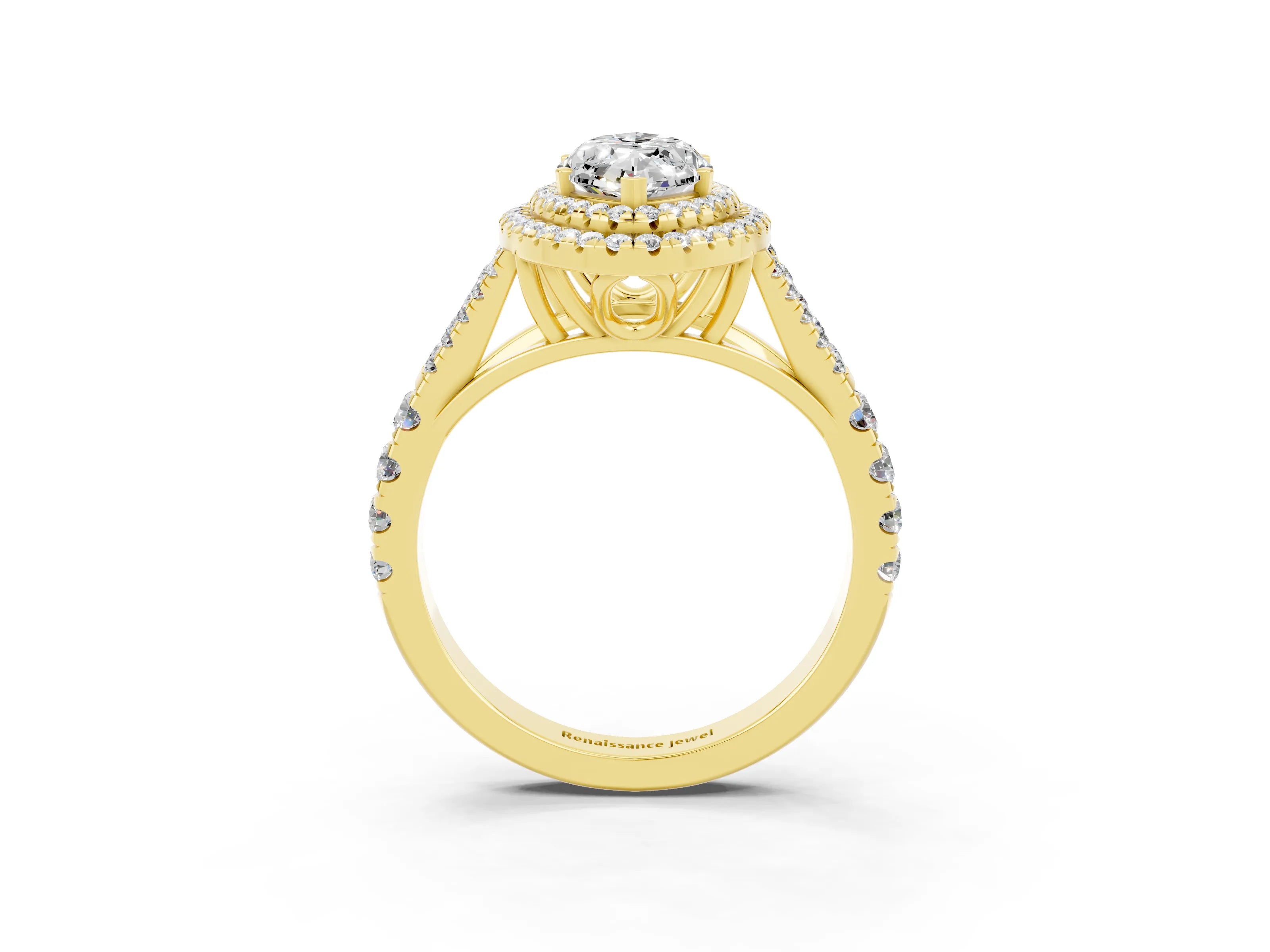 Yellow gold Marquise Cut Moissanite Double Halo Ring with Split Shank and Prong Setting_15