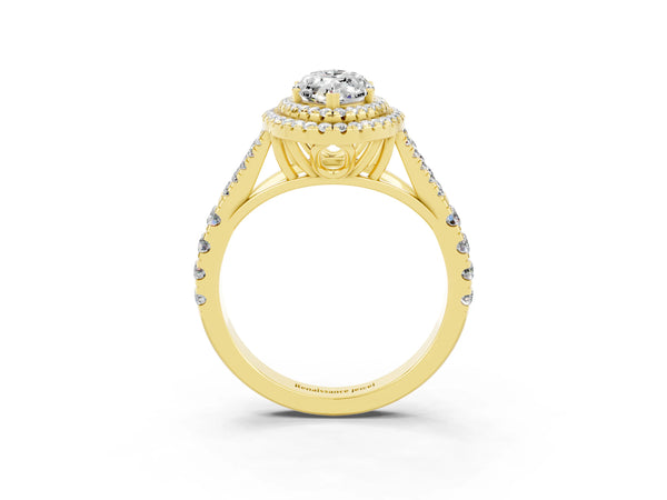 Yellow gold Marquise Cut Moissanite Double Halo Ring with Split Shank and Prong Setting