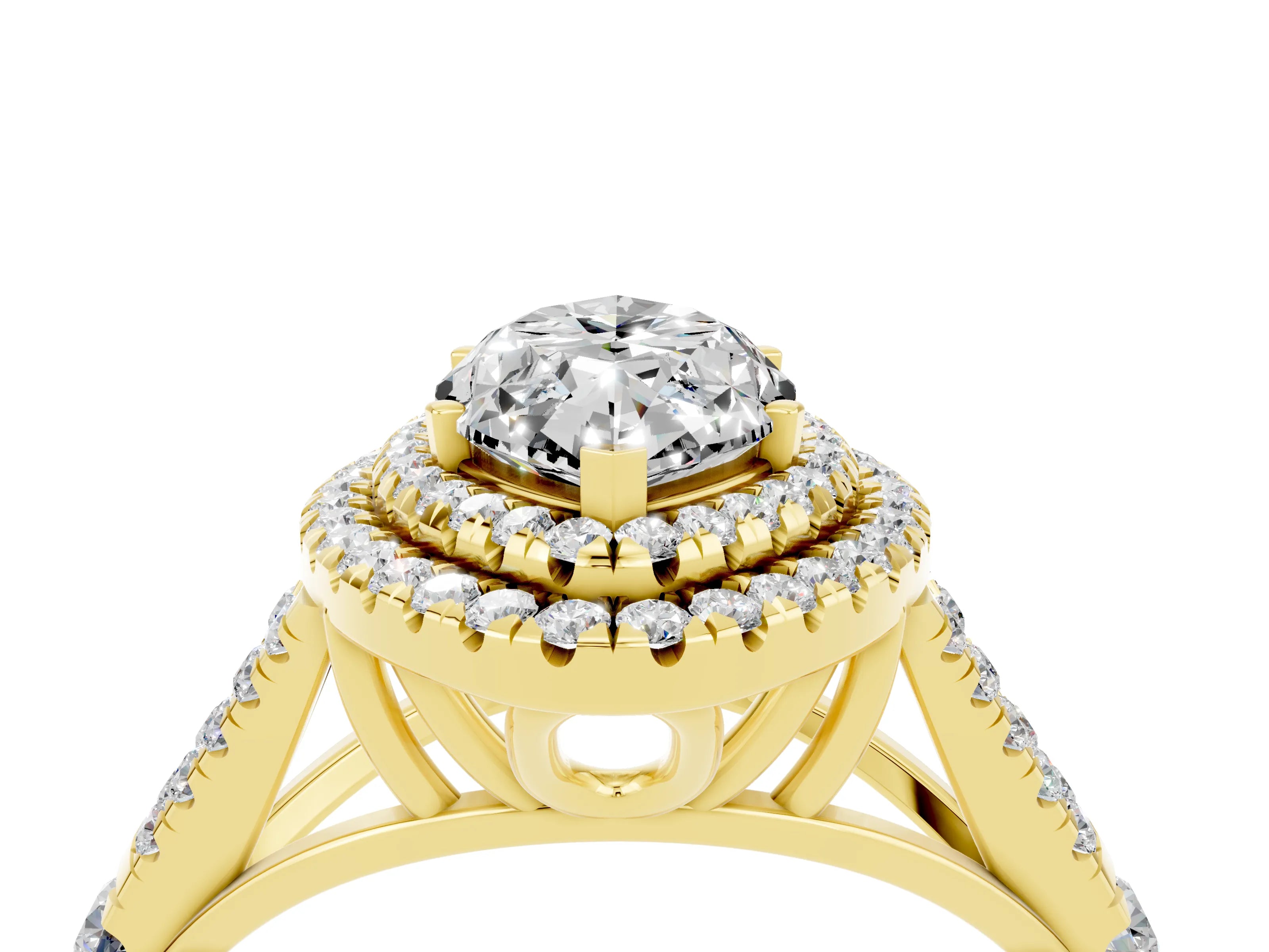 Yellow gold Marquise Cut Moissanite Double Halo Ring with Split Shank and Prong Setting_16