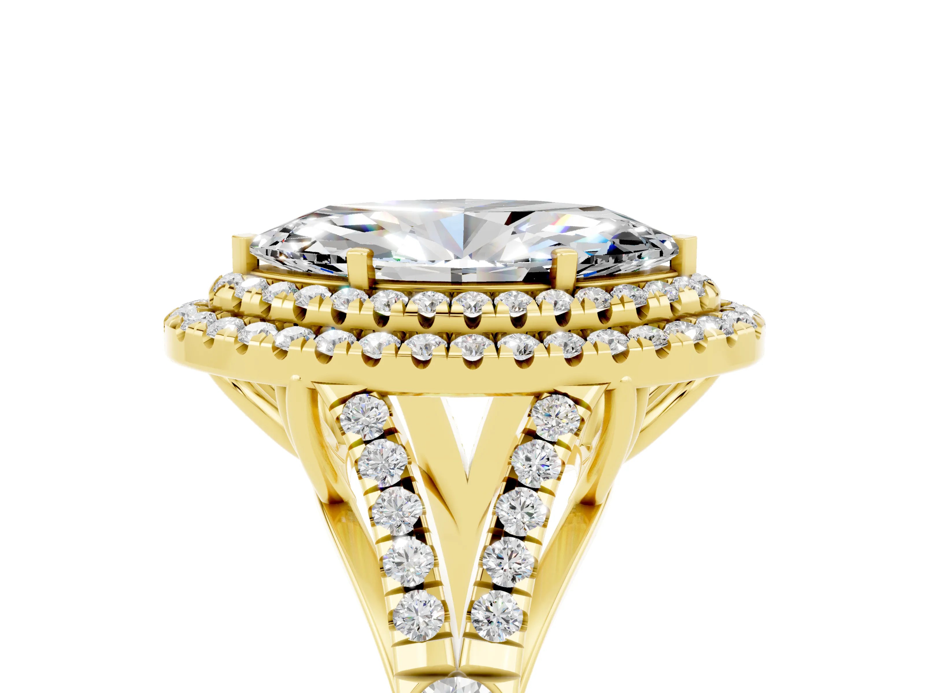 Yellow gold Marquise Cut Moissanite Double Halo Ring with Split Shank and Prong Setting_17
