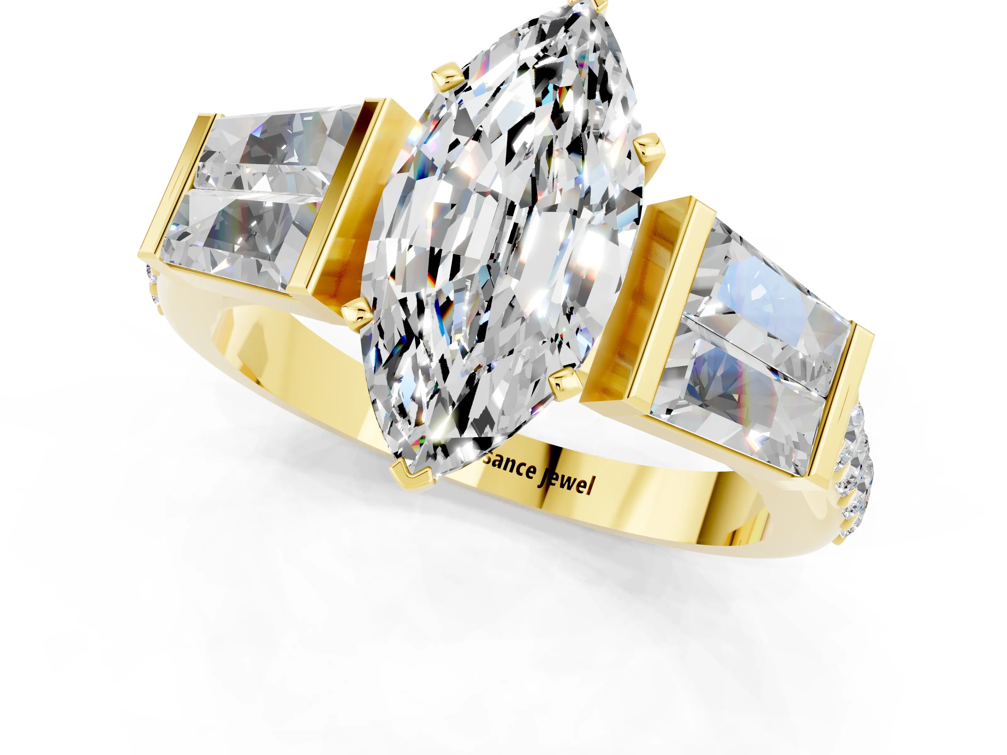 Yellow gold Marquise Cut Moissanite Engagement Ring with Baguette Side Stones and Channel Set Band_1