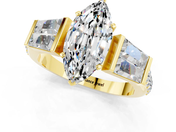 Yellow gold Marquise Cut Moissanite Engagement Ring with Baguette Side Stones and Channel Set Band