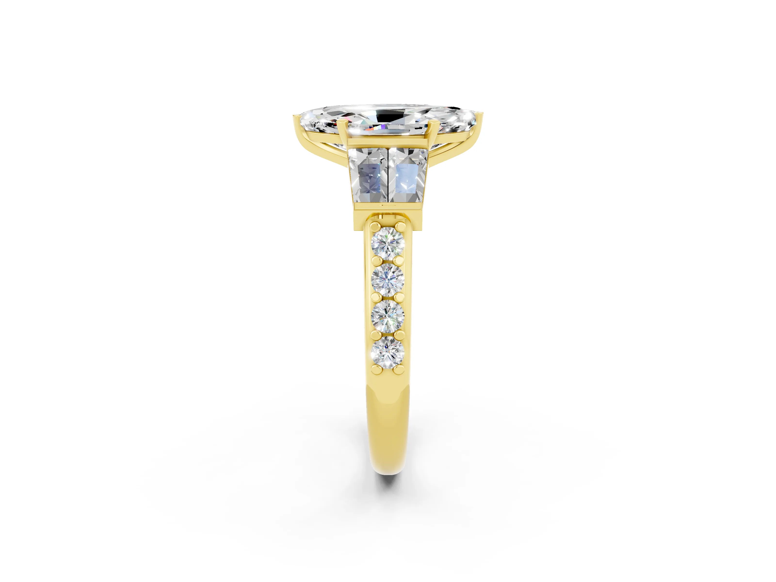 Yellow gold Marquise Cut Moissanite Engagement Ring with Baguette Side Stones and Channel Set Band_2