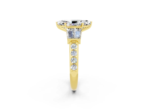 Yellow gold Marquise Cut Moissanite Engagement Ring with Baguette Side Stones and Channel Set Band