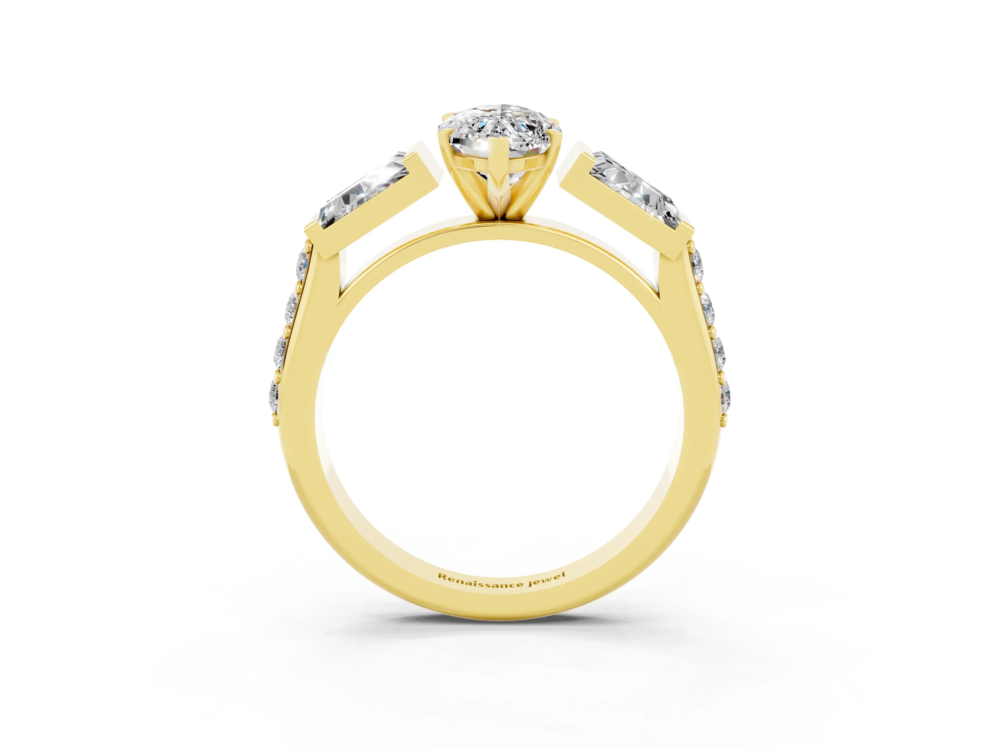 Yellow gold Marquise Cut Moissanite Engagement Ring with Baguette Side Stones and Channel Set Band_3