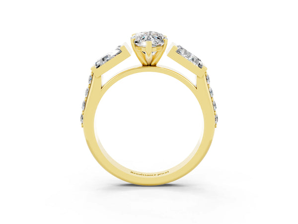 Yellow gold Marquise Cut Moissanite Engagement Ring with Baguette Side Stones and Channel Set Band
