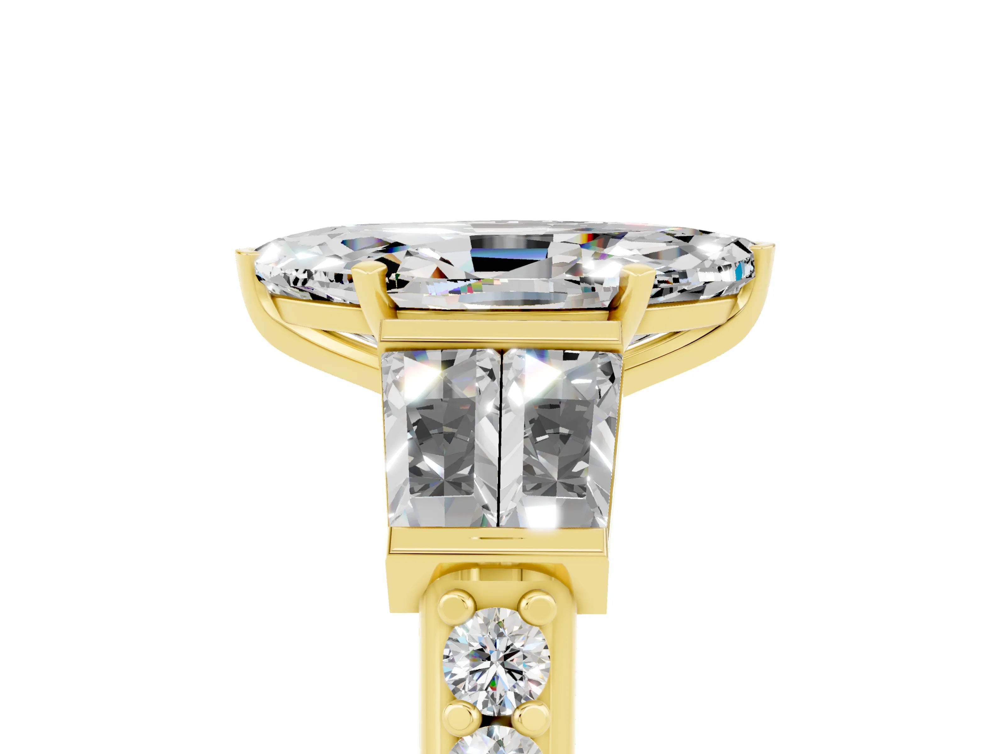 Yellow gold Marquise Cut Moissanite Engagement Ring with Baguette Side Stones and Channel Set Band_5