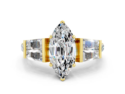 Yellow gold Marquise Cut Moissanite Engagement Ring with Baguette Side Stones and Channel Set Band