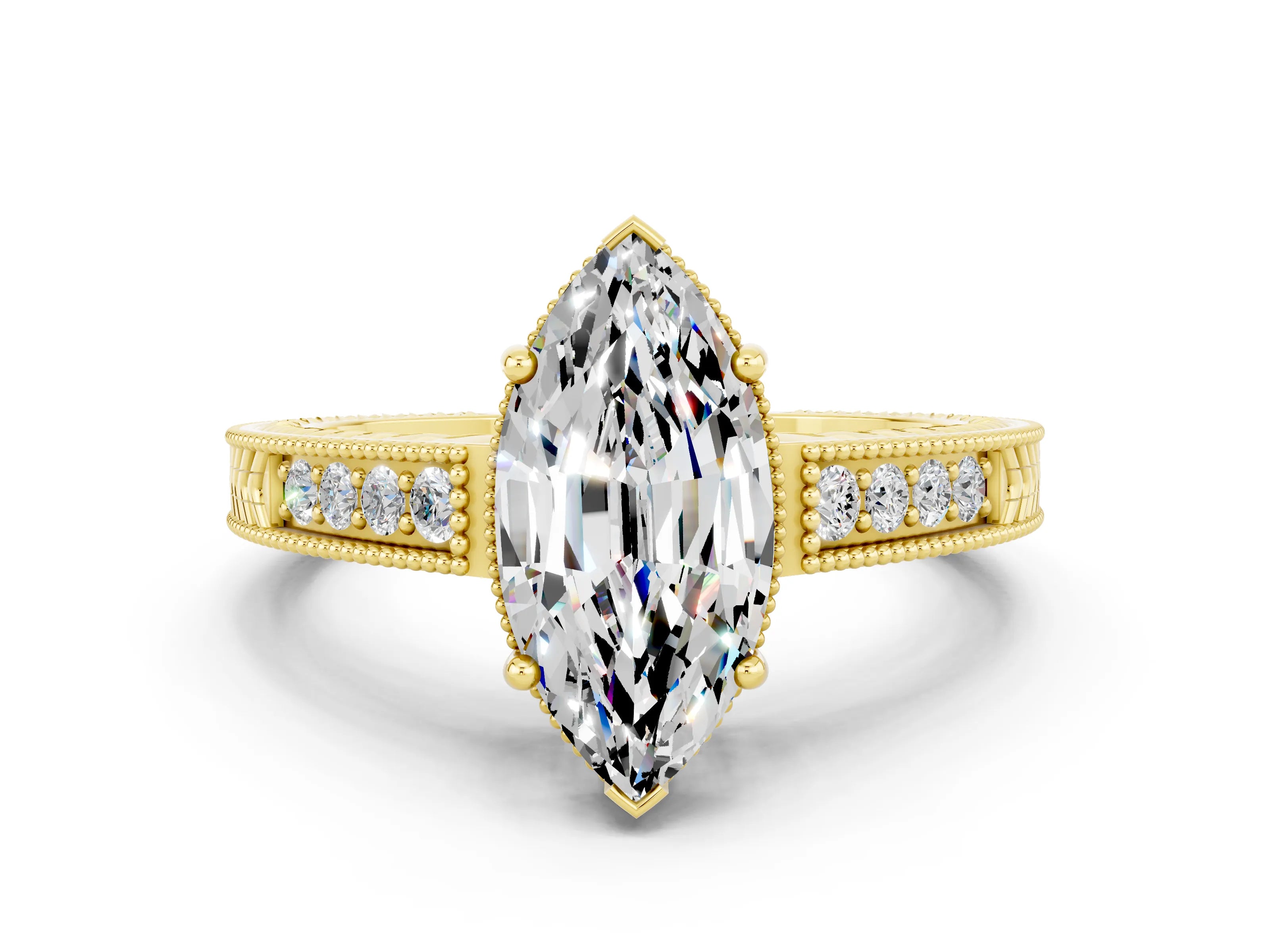 Yellow gold Marquise Cut Moissanite Engagement Ring with Milgrain Channel Set Band and Prong Setting