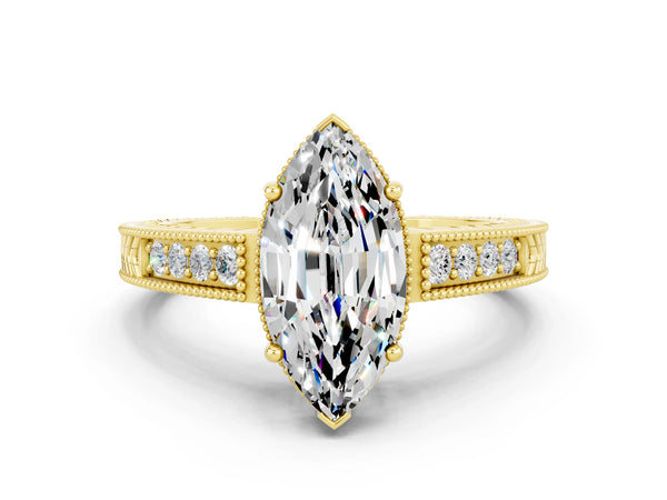 Yellow gold Marquise Cut Moissanite Engagement Ring with Milgrain Channel Set Band and Prong Setting