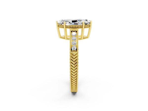 Yellow gold Marquise Cut Moissanite Engagement Ring with Milgrain Channel Set Band and Prong Setting