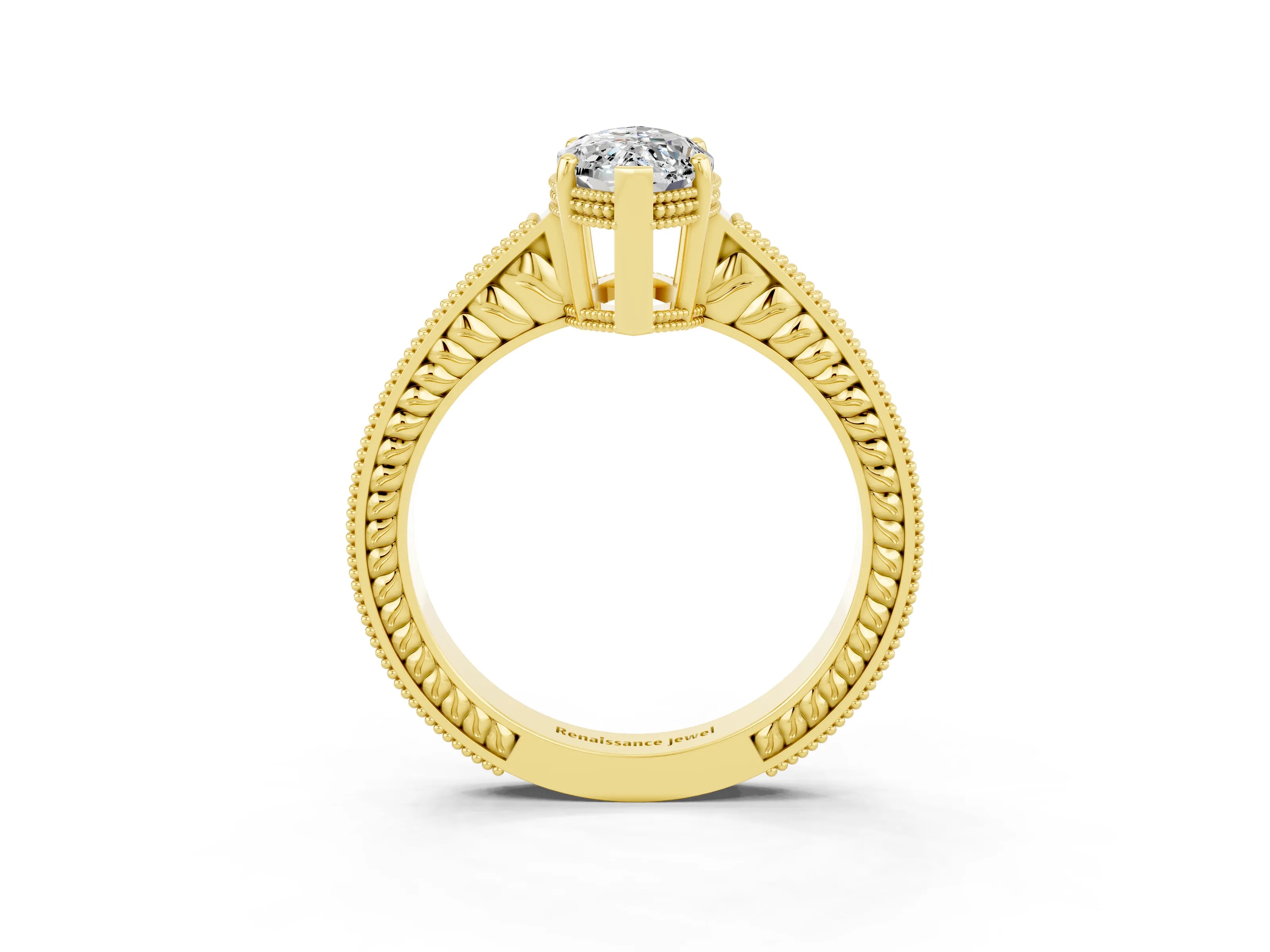 Yellow gold Marquise Cut Moissanite Engagement Ring with Milgrain Channel Set Band and Prong Setting_3