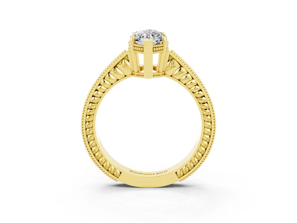Yellow gold Marquise Cut Moissanite Engagement Ring with Milgrain Channel Set Band and Prong Setting