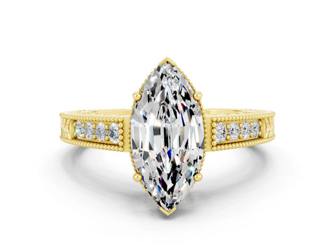 Yellow gold Marquise Cut Moissanite Engagement Ring with Milgrain Channel Set Band and Prong Setting