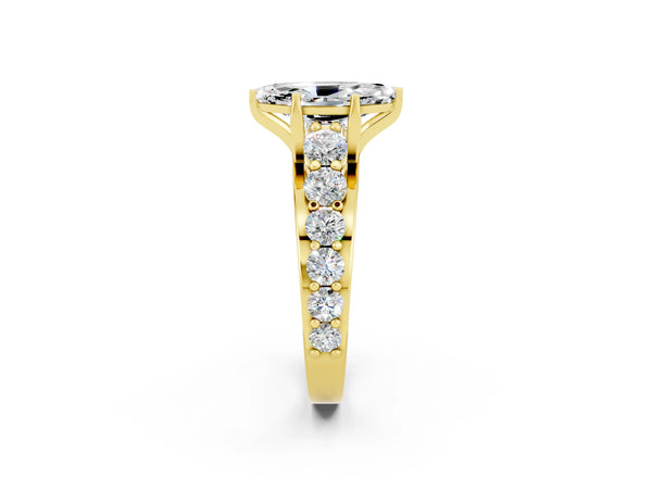 Yellow gold Marquise Cut Moissanite Engagement Ring with Pavé Band and Four-Prong Setting