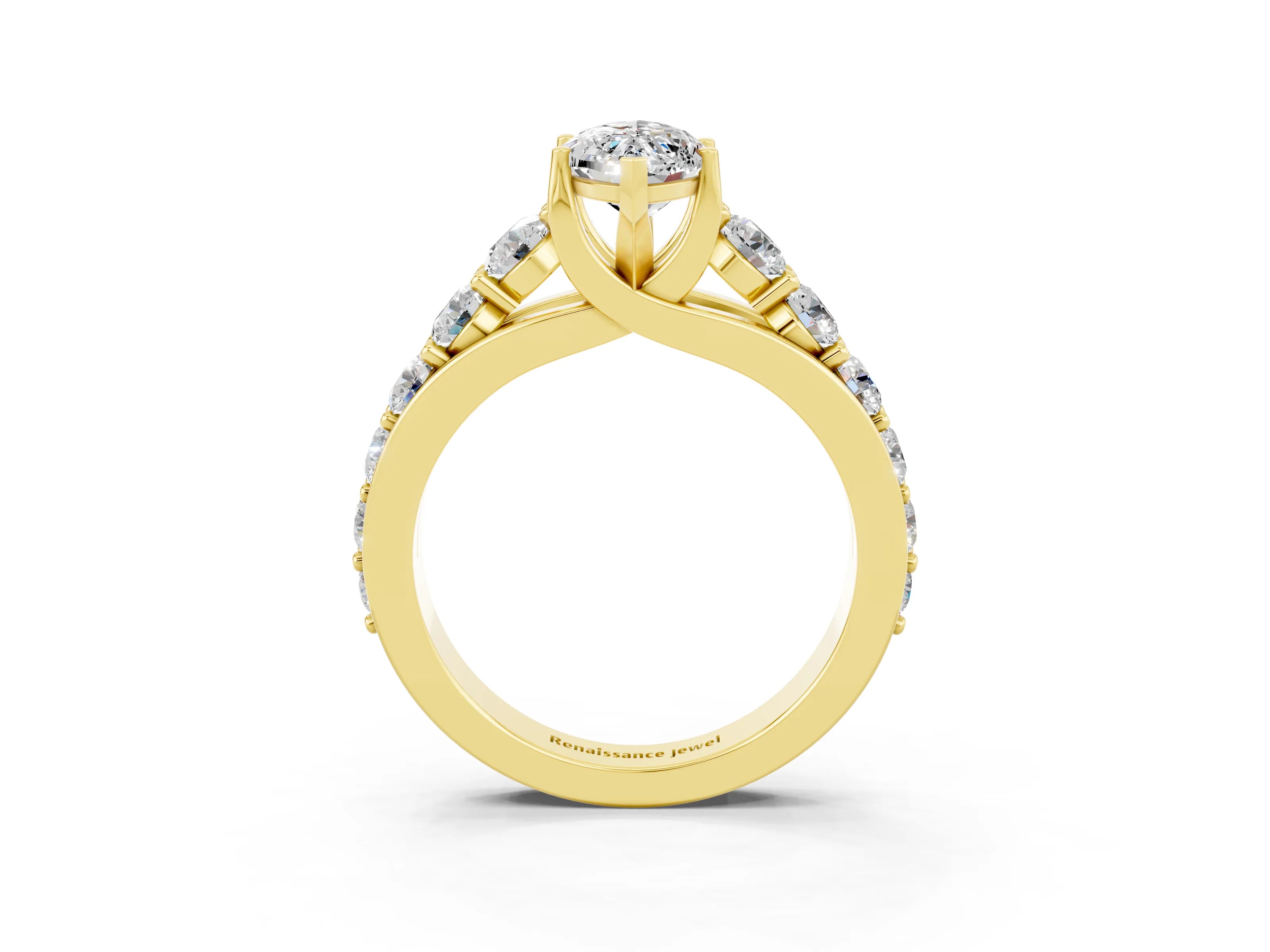 Yellow gold Marquise Cut Moissanite Engagement Ring with Pavé Band and Four-Prong Setting_3