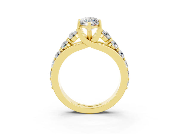 Yellow gold Marquise Cut Moissanite Engagement Ring with Pavé Band and Four-Prong Setting