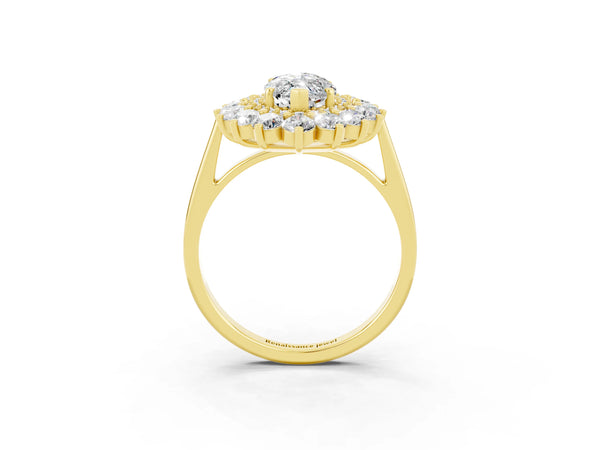 Yellow gold Marquise Cut Moissanite Floral Double Halo Engagement Ring with Prong Setting
