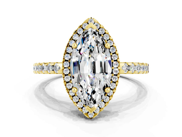 Yellow gold Marquise Cut Moissanite Halo Engagement Ring with Pavé Band and Prong Setting