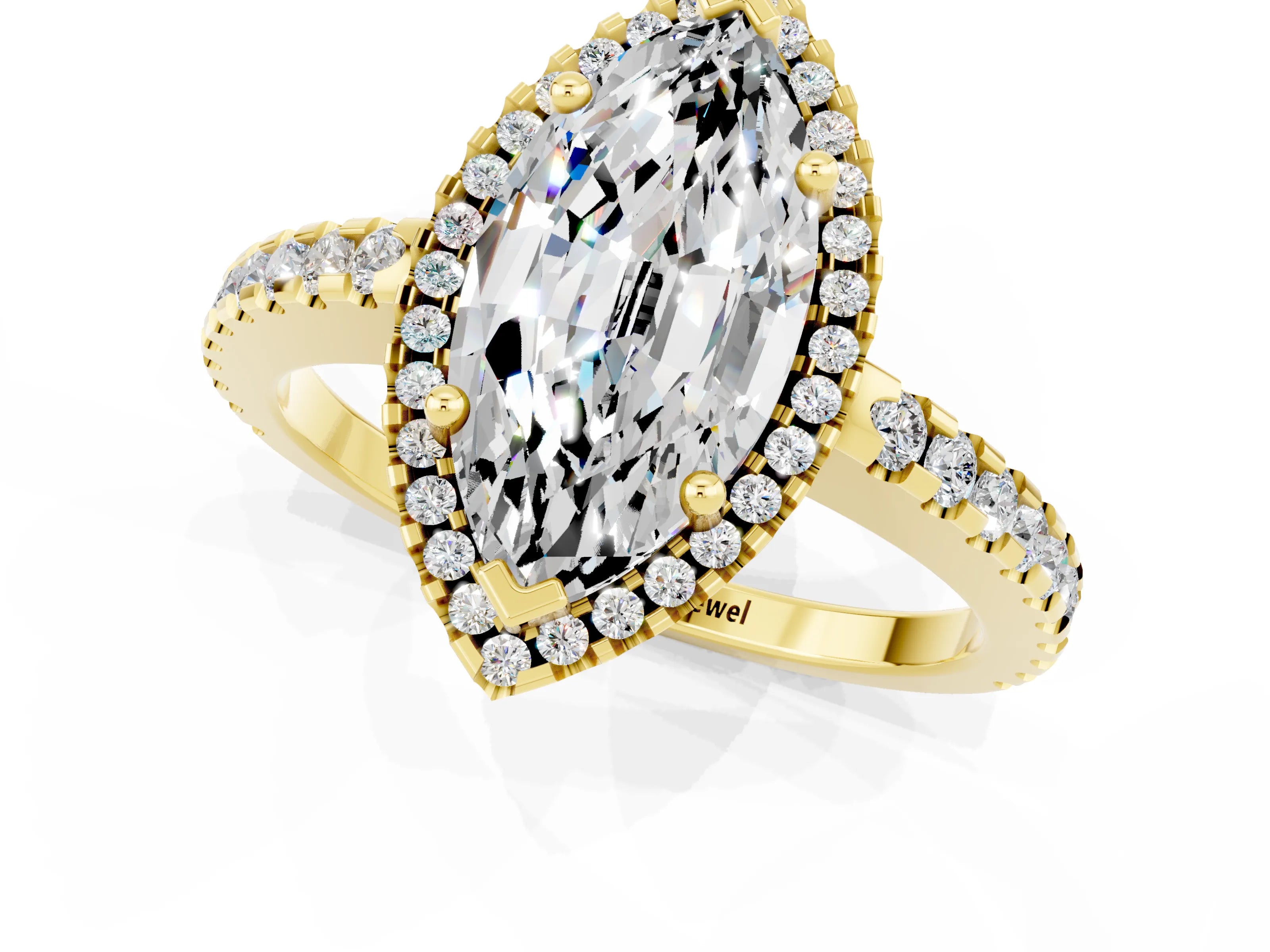 Yellow gold Marquise Cut Moissanite Halo Engagement Ring with Pavé Band and Prong Setting_13