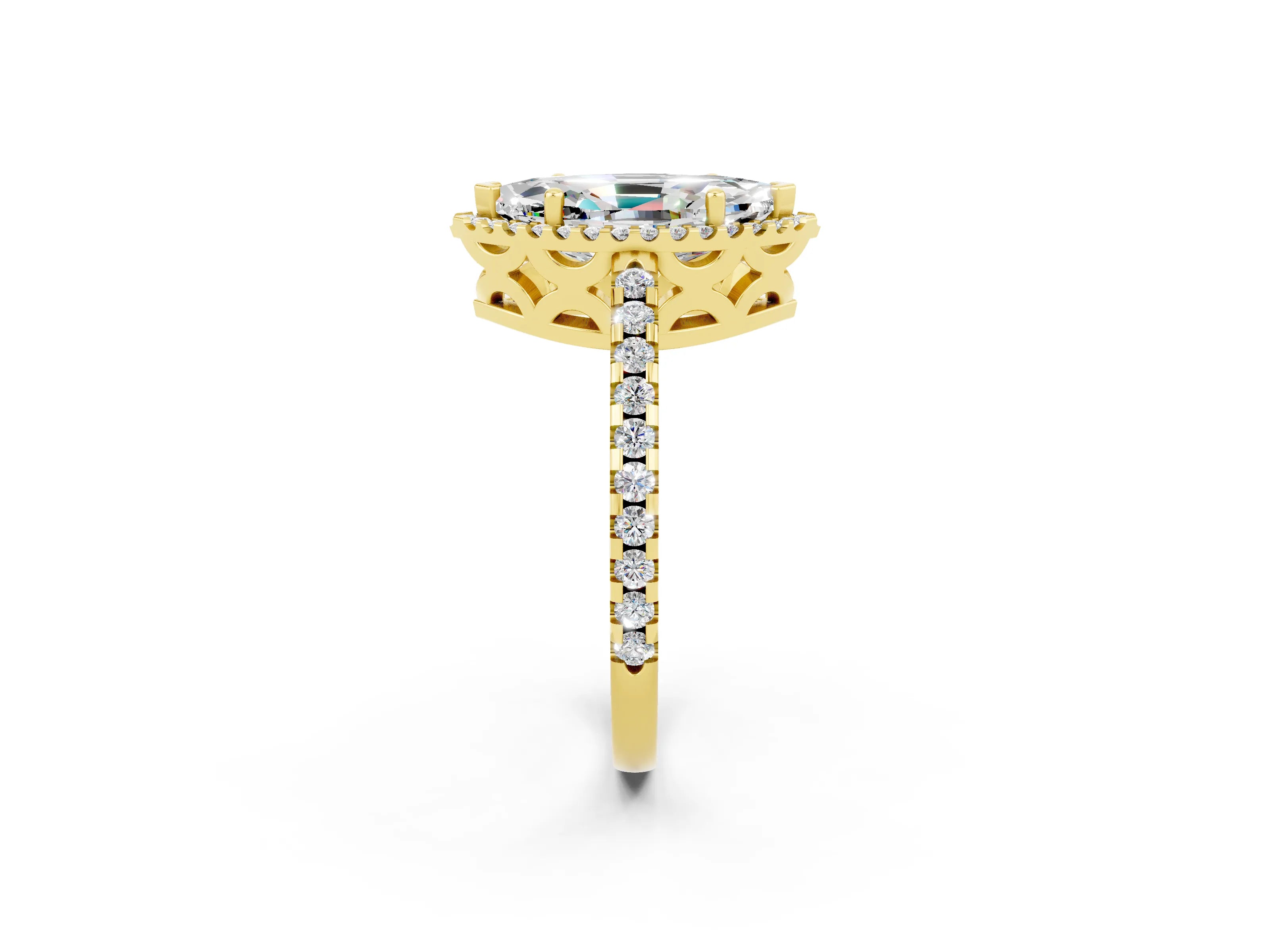 Yellow gold Marquise Cut Moissanite Halo Engagement Ring with Pavé Band and Prong Setting_14
