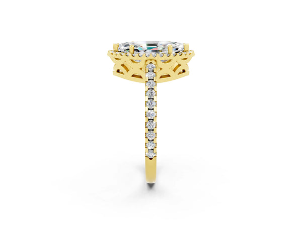 Yellow gold Marquise Cut Moissanite Halo Engagement Ring with Pavé Band and Prong Setting