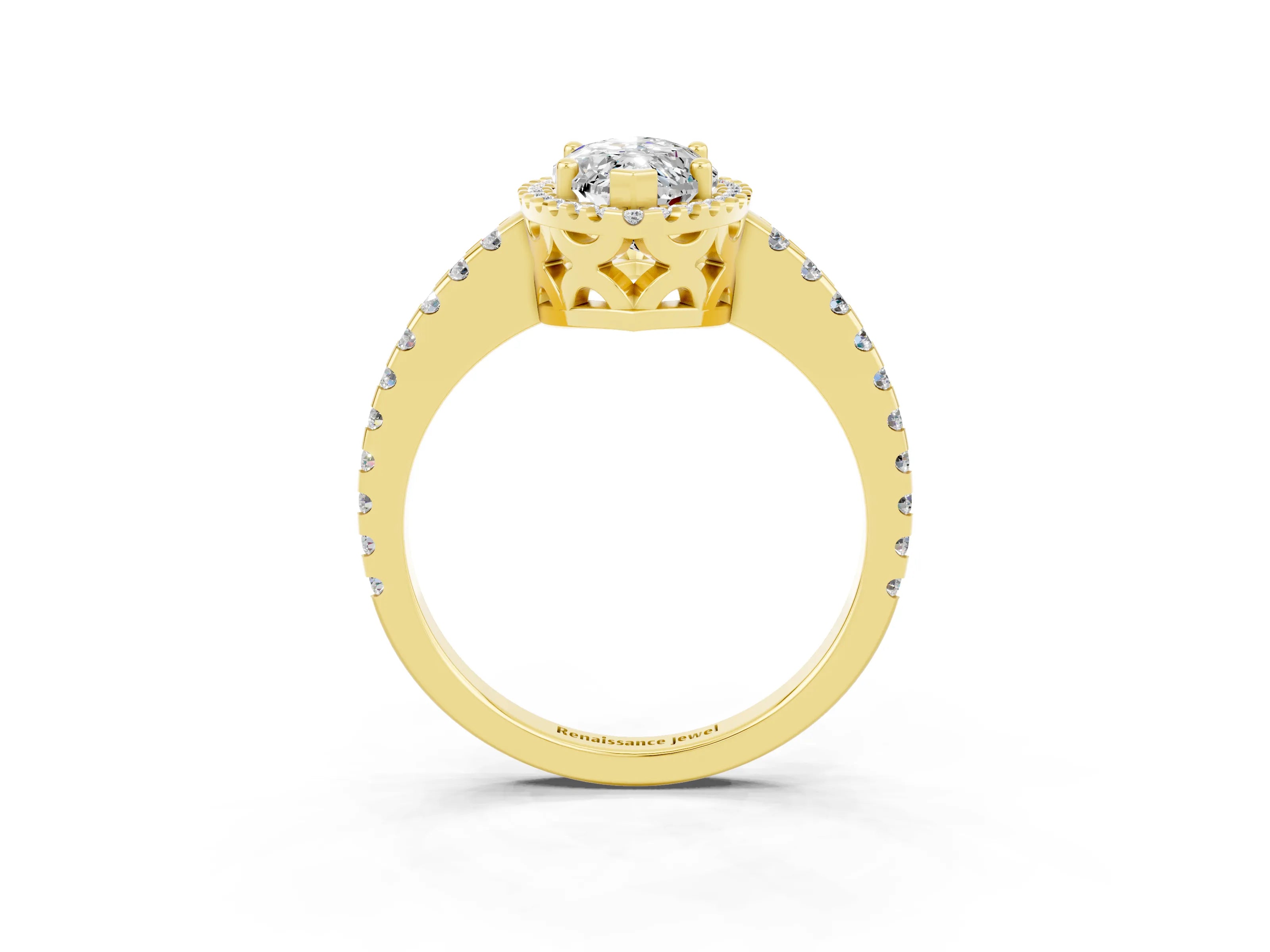Yellow gold Marquise Cut Moissanite Halo Engagement Ring with Pavé Band and Prong Setting_15