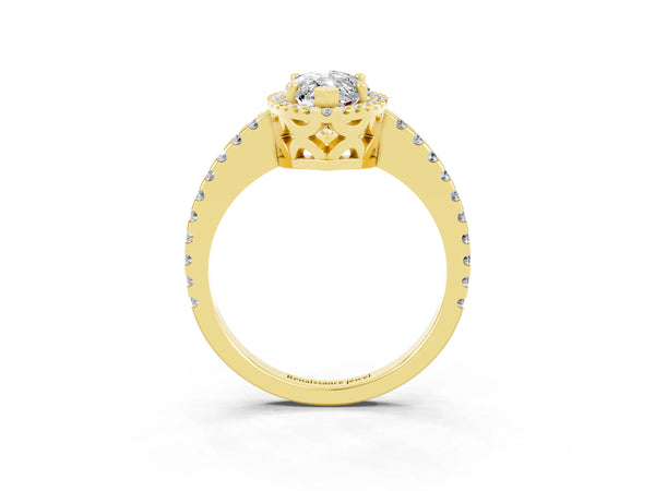 Yellow gold Marquise Cut Moissanite Halo Engagement Ring with Pavé Band and Prong Setting