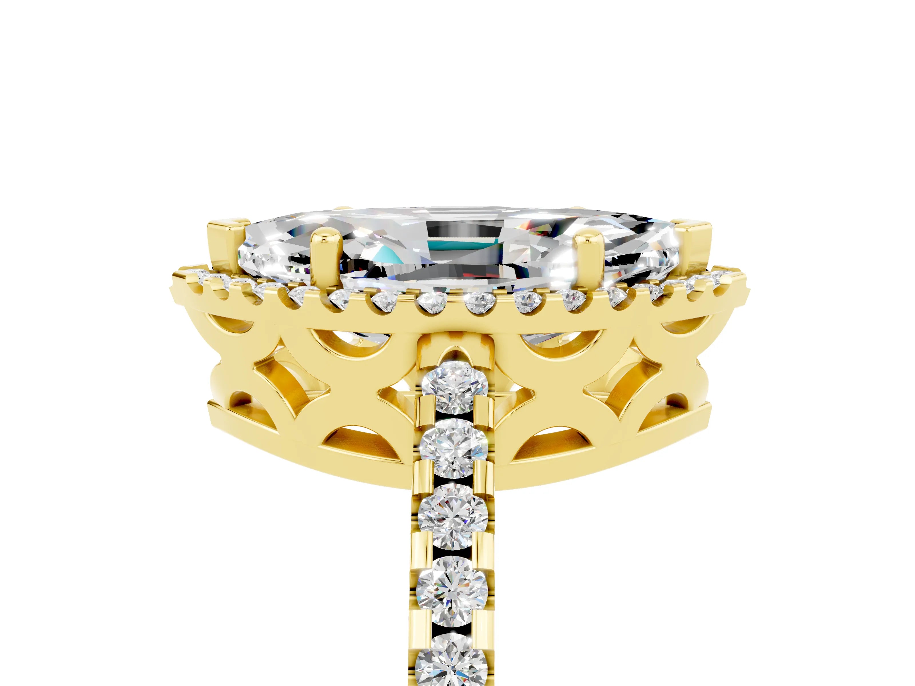 Yellow gold Marquise Cut Moissanite Halo Engagement Ring with Pavé Band and Prong Setting_17