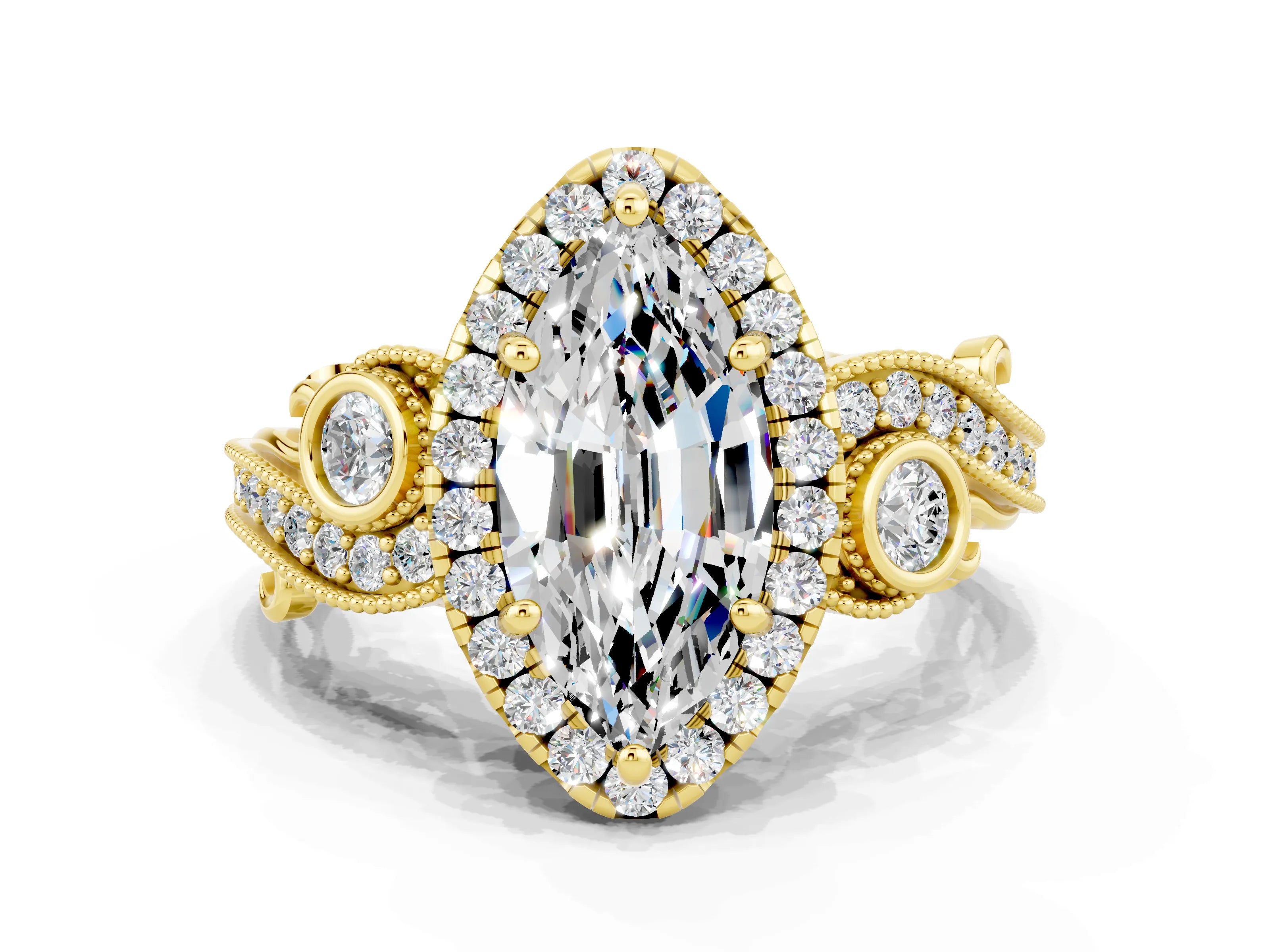 Yellow gold Marquise Cut Moissanite Halo Ring with Milgrain Pavé Band and Four-Prong Setting_12