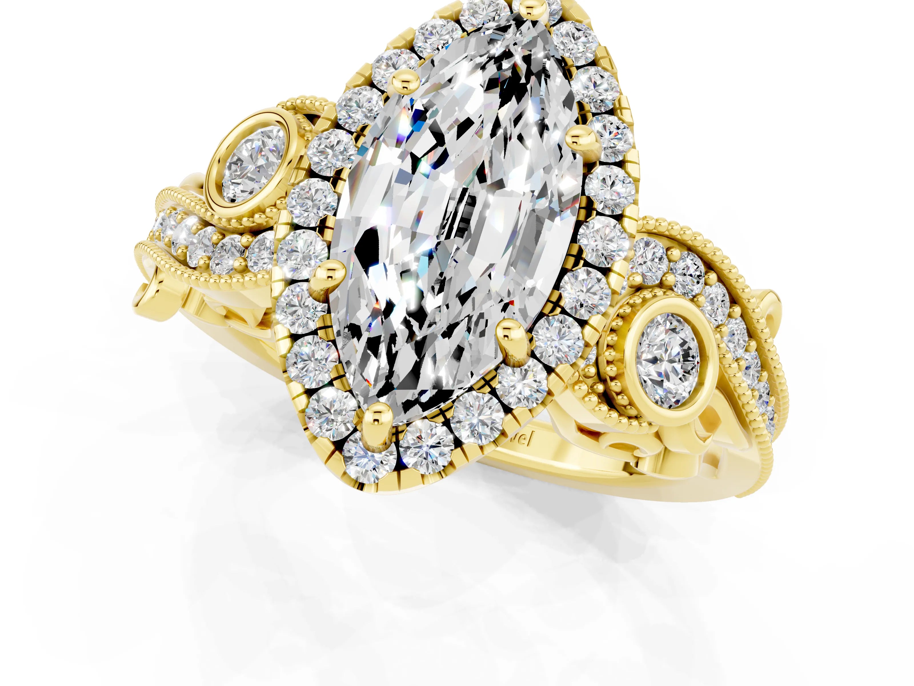 Yellow gold Marquise Cut Moissanite Halo Ring with Milgrain Pavé Band and Four-Prong Setting_13