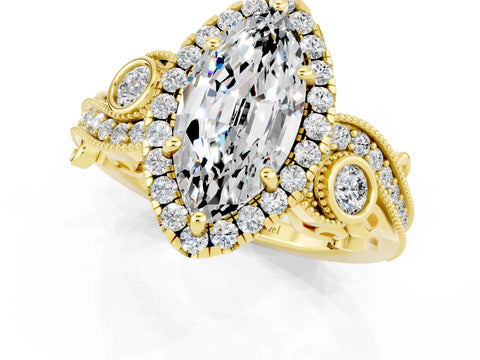 Yellow gold Marquise Cut Moissanite Halo Ring with Milgrain Pavé Band and Four-Prong Setting_13