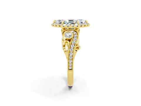 Yellow gold Marquise Cut Moissanite Halo Ring with Milgrain Pavé Band and Four-Prong Setting_14