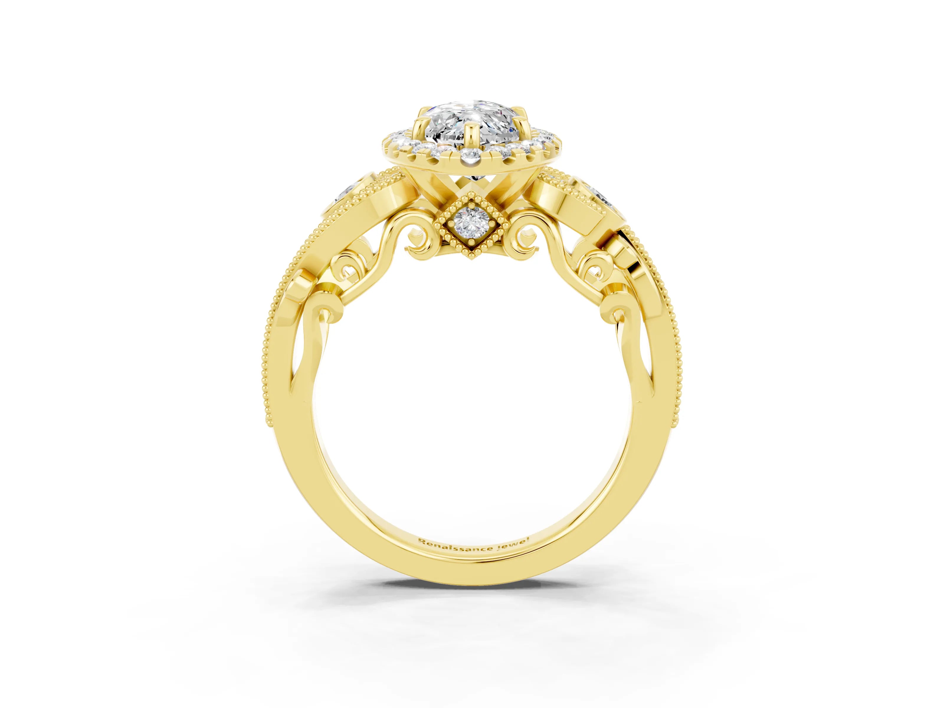 Yellow gold Marquise Cut Moissanite Halo Ring with Milgrain Pavé Band and Four-Prong Setting_15
