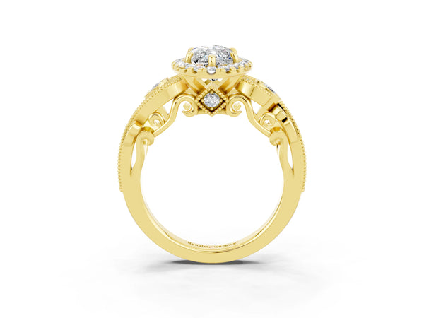 Yellow gold Marquise Cut Moissanite Halo Ring with Milgrain Pavé Band and Four-Prong Setting
