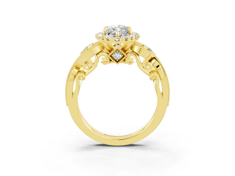Yellow gold Marquise Cut Moissanite Halo Ring with Milgrain Pavé Band and Four-Prong Setting_15