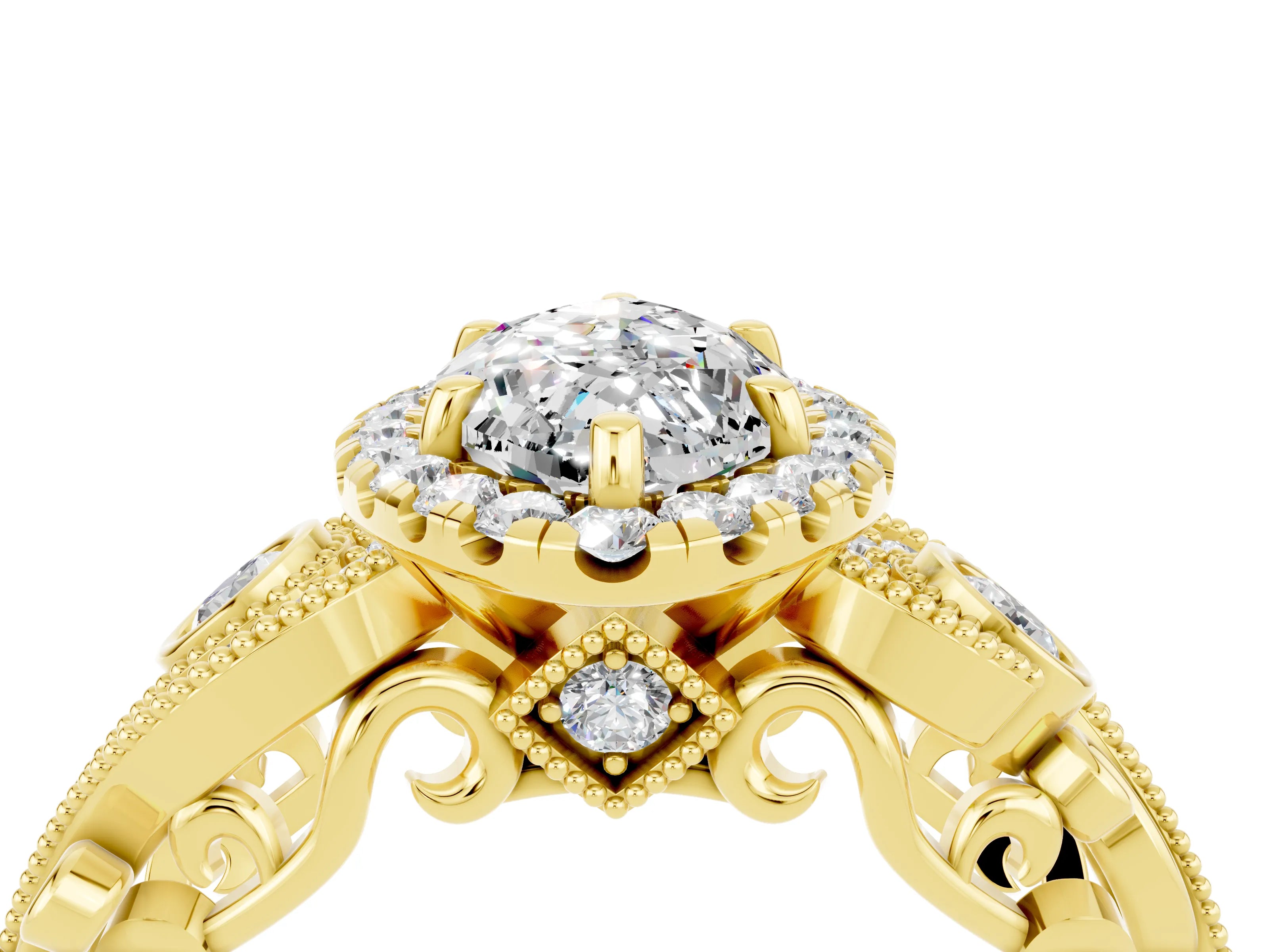 Yellow gold Marquise Cut Moissanite Halo Ring with Milgrain Pavé Band and Four-Prong Setting_16