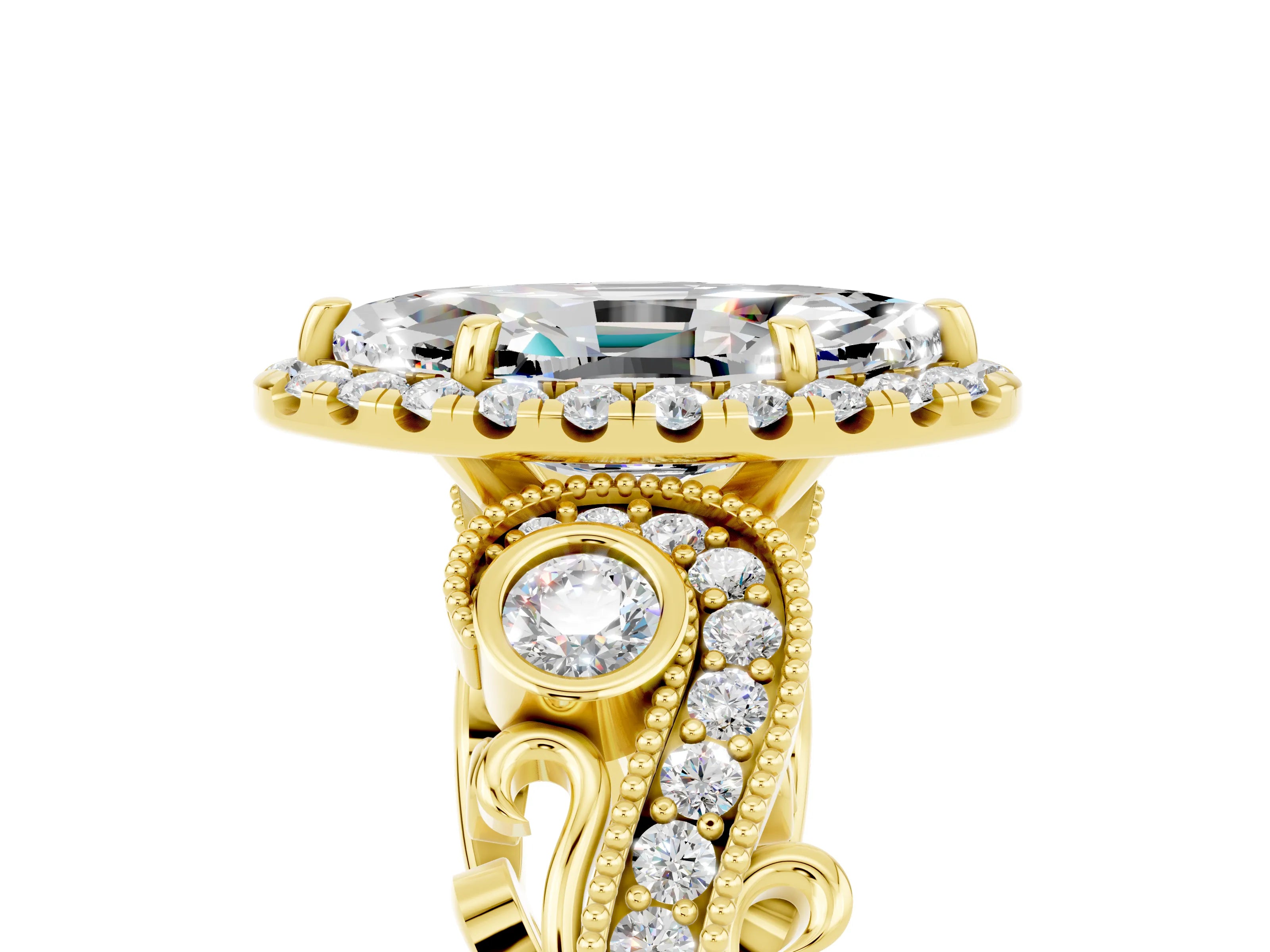 Yellow gold Marquise Cut Moissanite Halo Ring with Milgrain Pavé Band and Four-Prong Setting_17