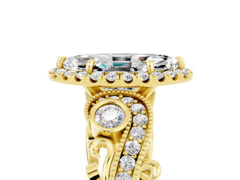 Yellow gold Marquise Cut Moissanite Halo Ring with Milgrain Pavé Band and Four-Prong Setting_17