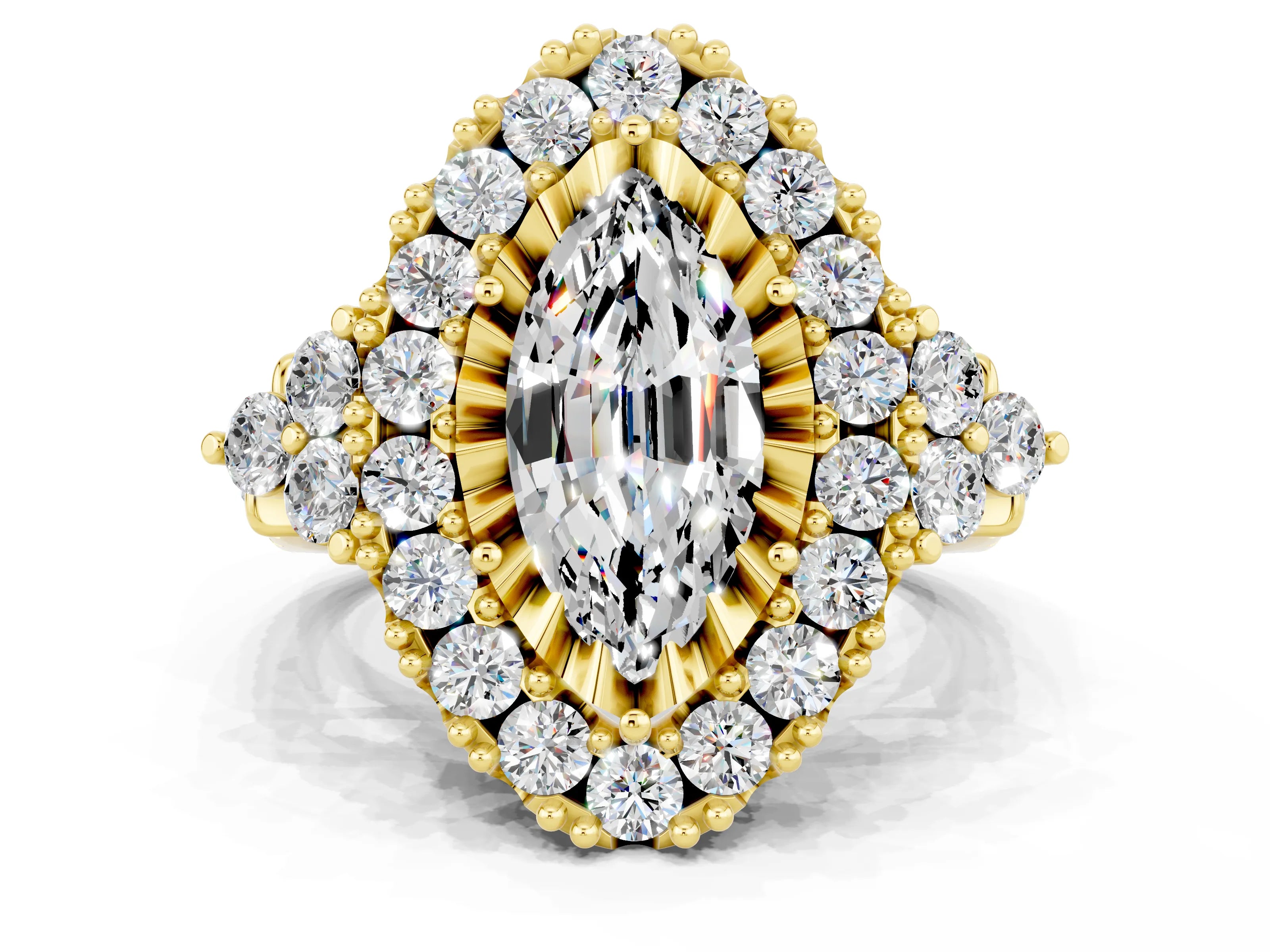 Yellow gold Marquise Cut Moissanite Halo Ring with Pavé Band and Four-Prong Setting_12