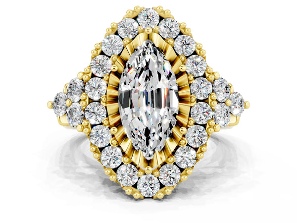 Yellow gold Marquise Cut Moissanite Halo Ring with Pavé Band and Four-Prong Setting