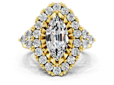 Yellow gold Marquise Cut Moissanite Halo Ring with Pavé Band and Four-Prong Setting_12