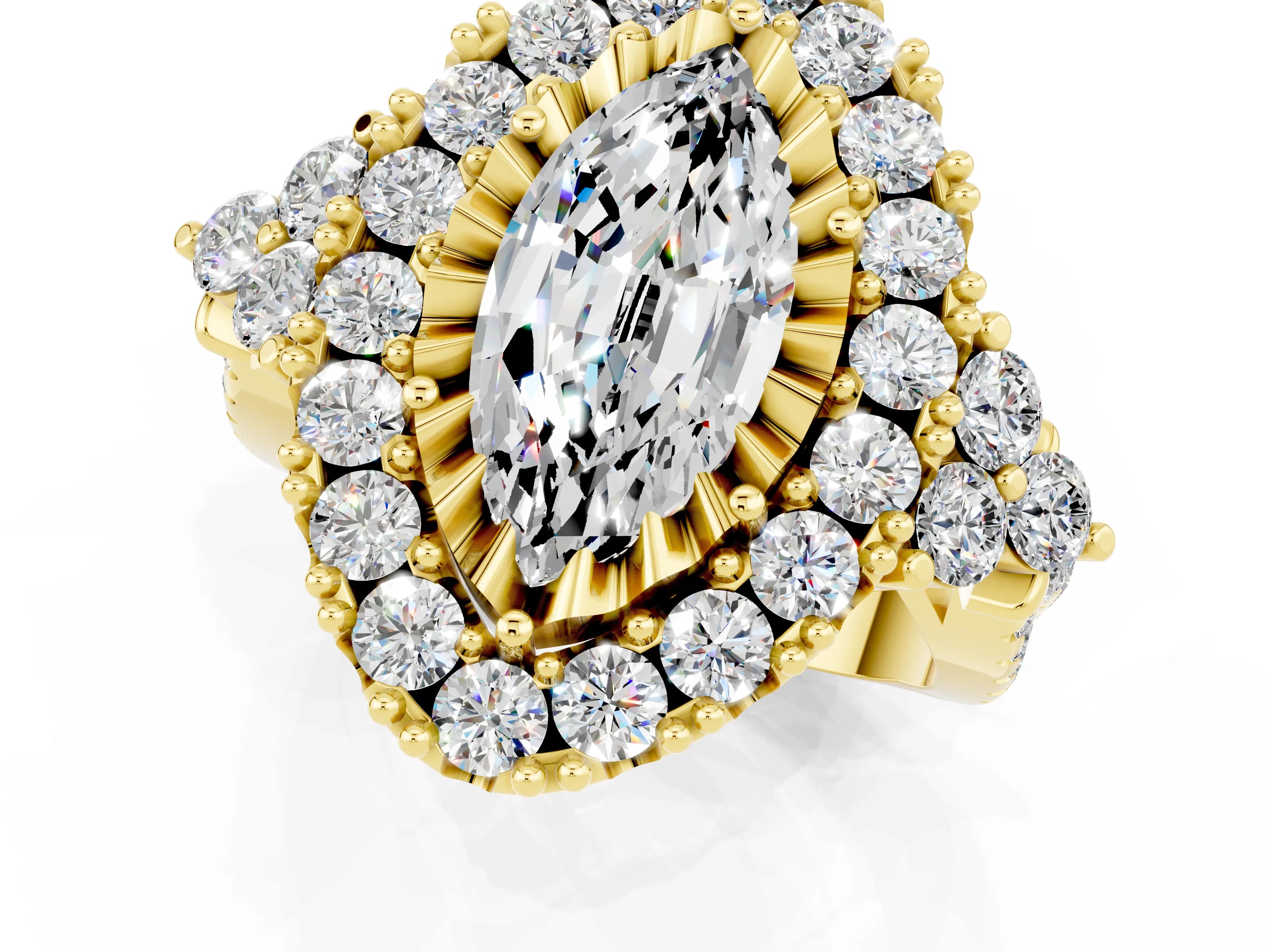 Yellow gold Marquise Cut Moissanite Halo Ring with Pavé Band and Four-Prong Setting_13