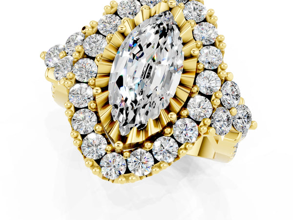 Yellow gold Marquise Cut Moissanite Halo Ring with Pavé Band and Four-Prong Setting