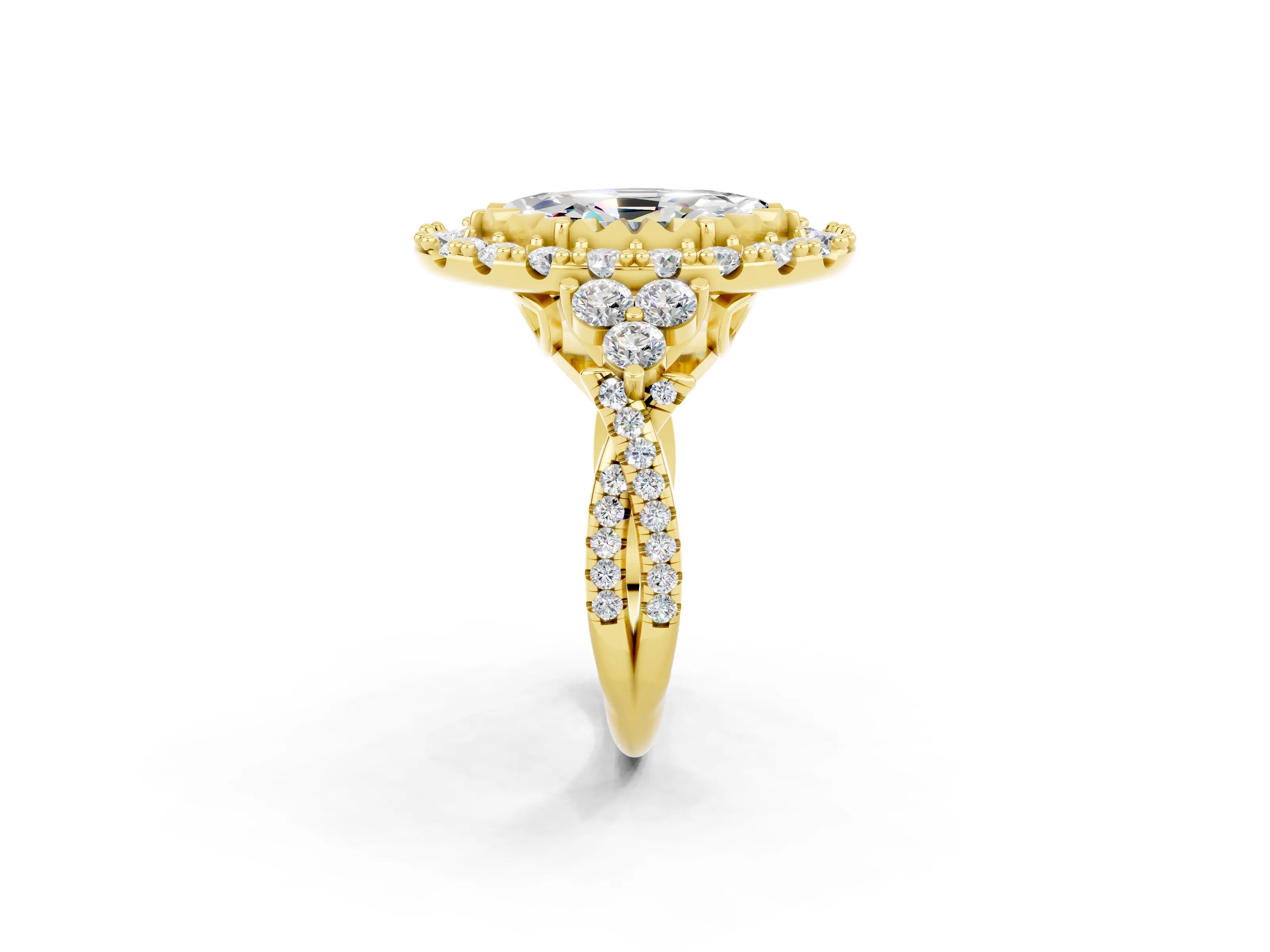 Yellow gold Marquise Cut Moissanite Halo Ring with Pavé Band and Four-Prong Setting_14