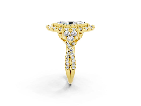 Yellow gold Marquise Cut Moissanite Halo Ring with Pavé Band and Four-Prong Setting