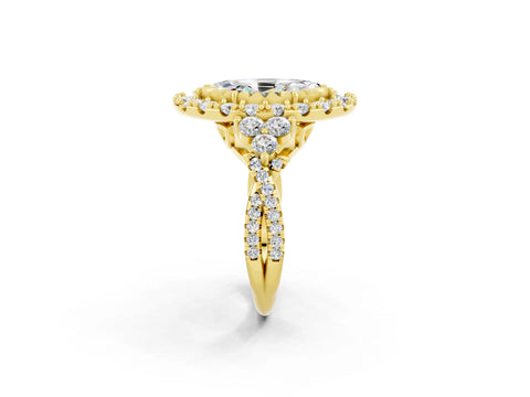 Yellow gold Marquise Cut Moissanite Halo Ring with Pavé Band and Four-Prong Setting_14