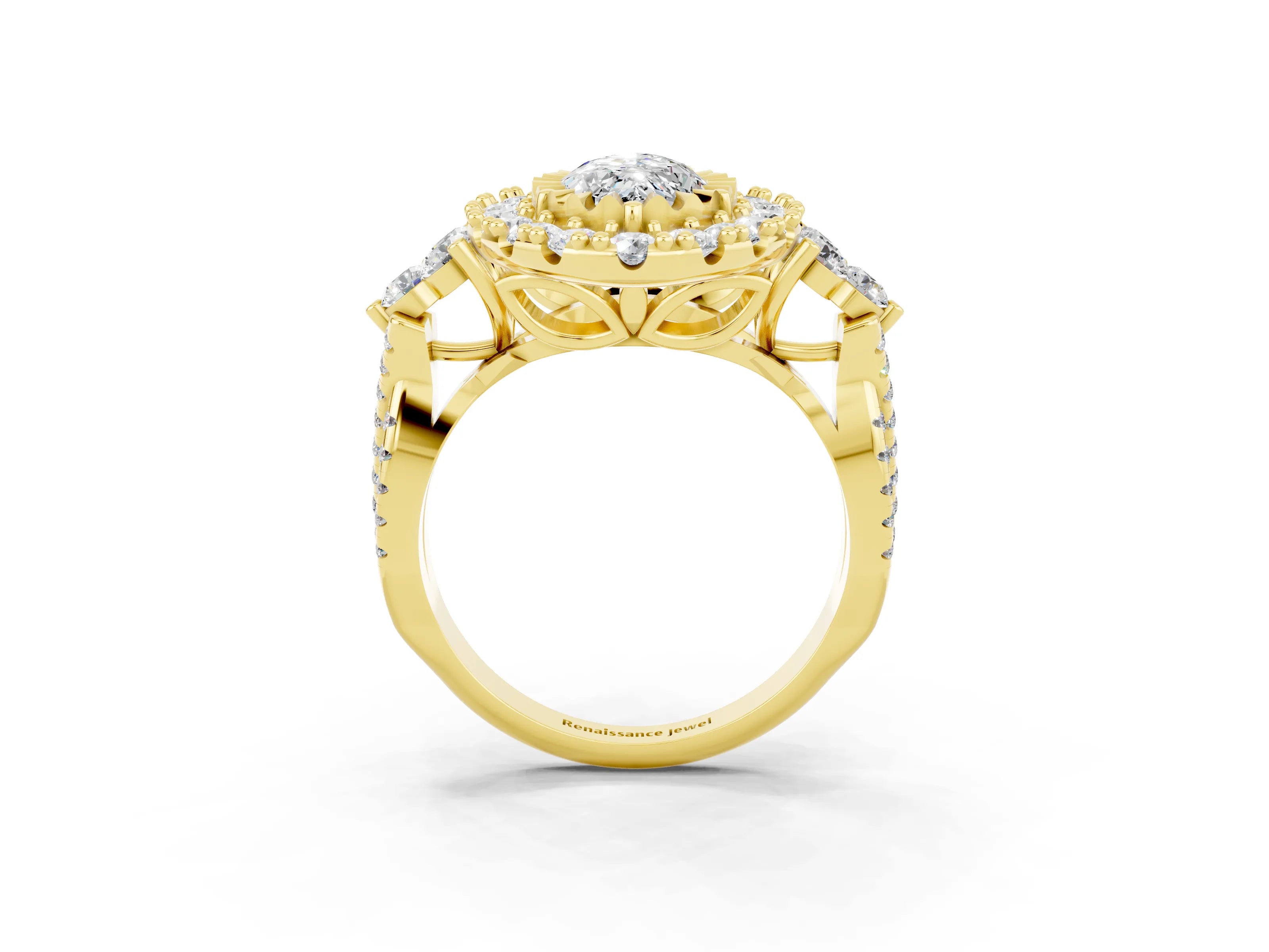 Yellow gold Marquise Cut Moissanite Halo Ring with Pavé Band and Four-Prong Setting_15