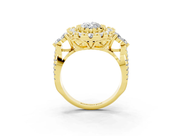 Yellow gold Marquise Cut Moissanite Halo Ring with Pavé Band and Four-Prong Setting