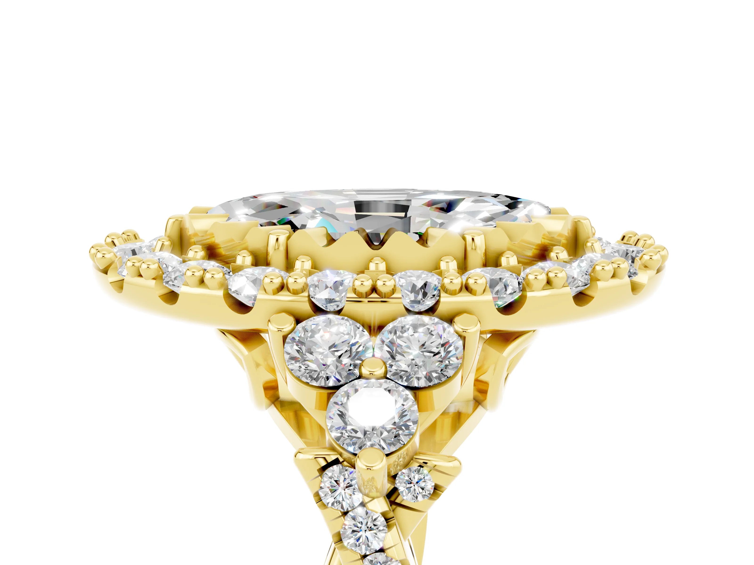 Yellow gold Marquise Cut Moissanite Halo Ring with Pavé Band and Four-Prong Setting_17